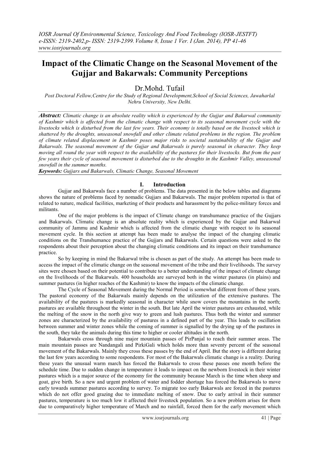 Impact of the Climatic Change on the Seasonal Movement of the Gujjar and Bakarwals: Community Perceptions