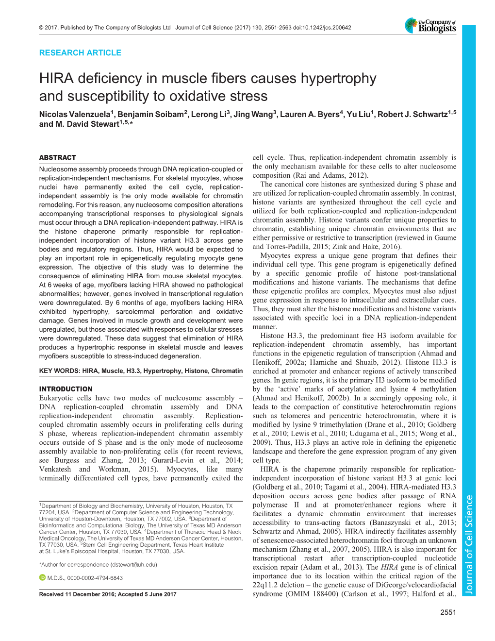 HIRA Deficiency in Muscle Fibers Causes Hypertrophy and Susceptibility to Oxidative Stress Nicolas Valenzuela1, Benjamin Soibam2, Lerong Li3, Jing Wang3, Lauren A