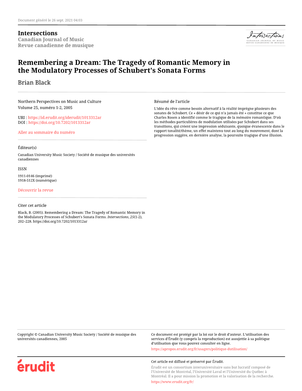 The Tragedy of Romantic Memory in the Modulatory Processes of Schubert's Sonata Forms Brian Black