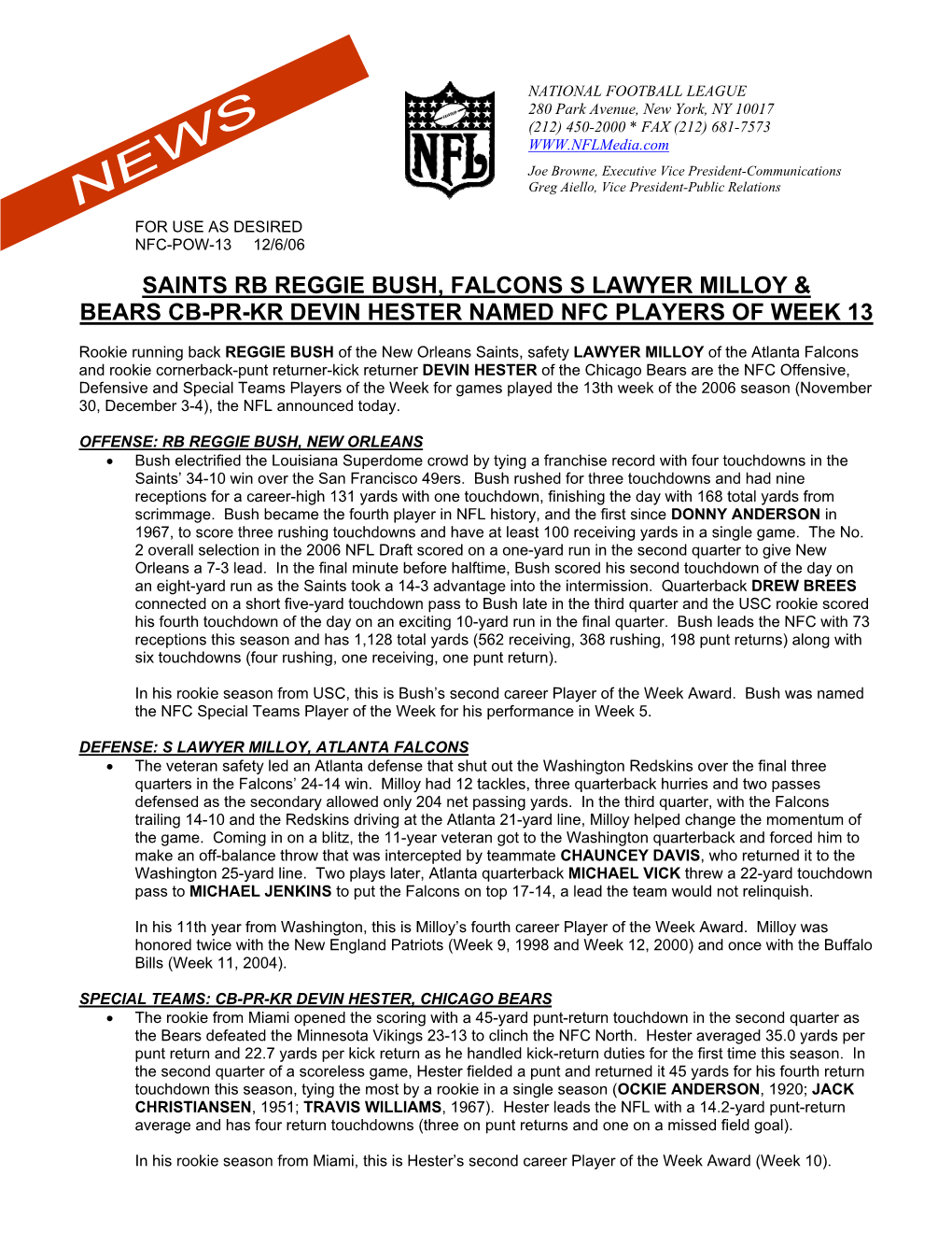 Saints Rb Reggie Bush, Falcons S Lawyer Milloy & Bears Cb-Pr-Kr Devin Hester Named Nfc Players of Week 13