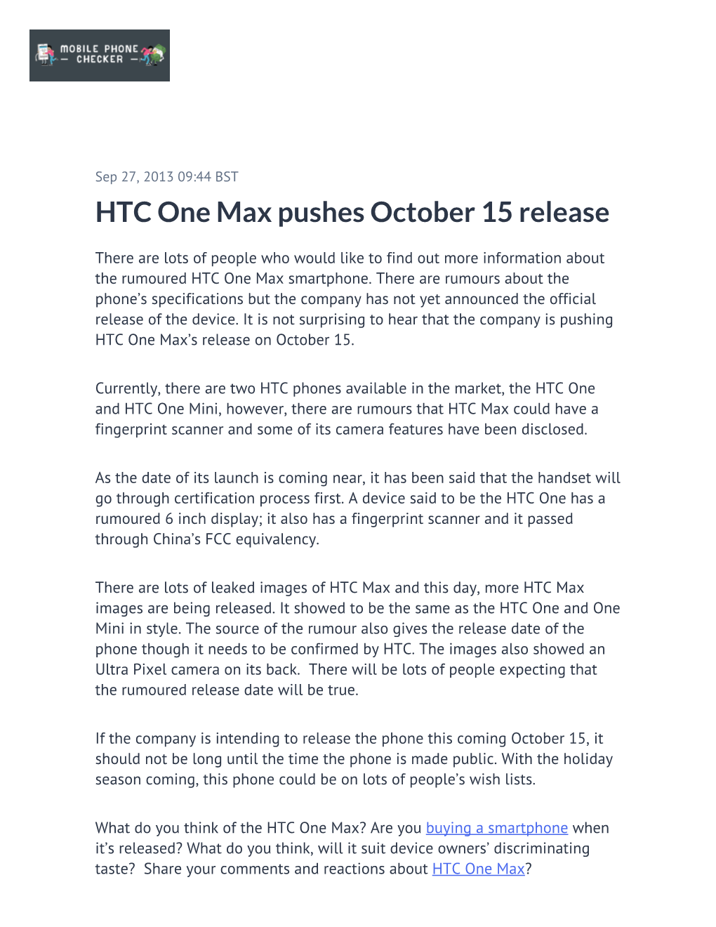 HTC One Max Pushes October 15 Release
