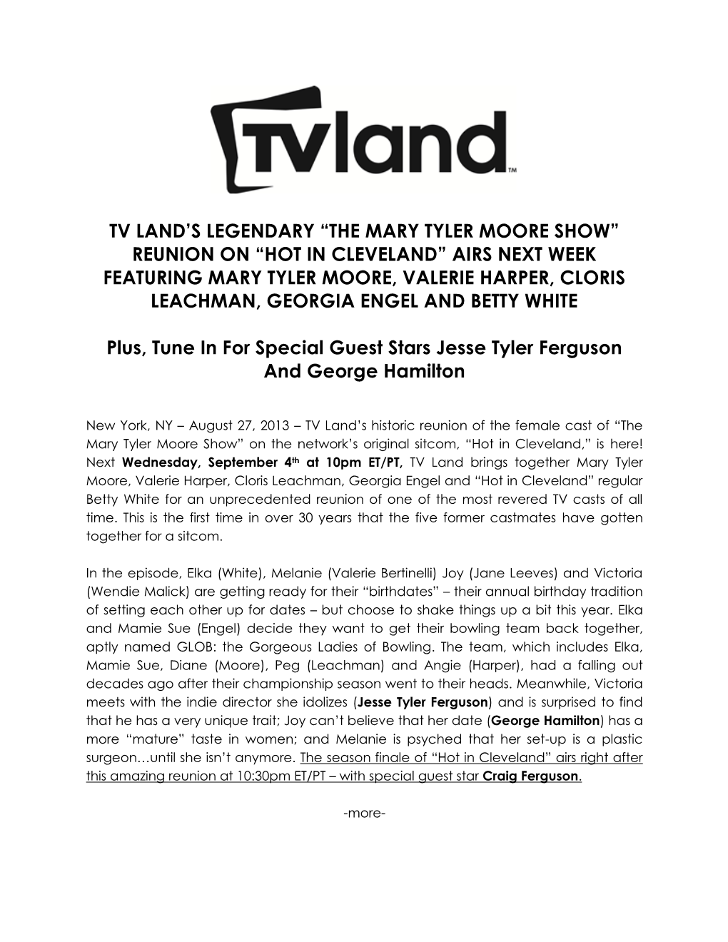 The Mary Tyler Moore Show” Reunion on “Hot in Cleveland” Airs Next Week Featuring Mary Tyler Moore, Valerie Harper, Cloris Leachman, Georgia Engel and Betty White