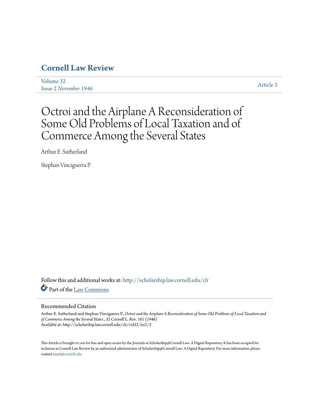 Octroi and the Airplane a Reconsideration of Some Old Problems of Local Taxation and of Commerce Among the Several States Arthur E