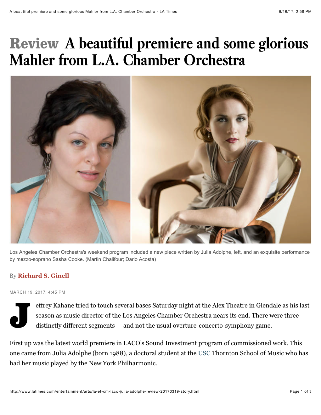 A Beautiful Premiere and Some Glorious Mahler from L.A. Chamber Orchestra - LA Times 6/16/17, 2:58 PM