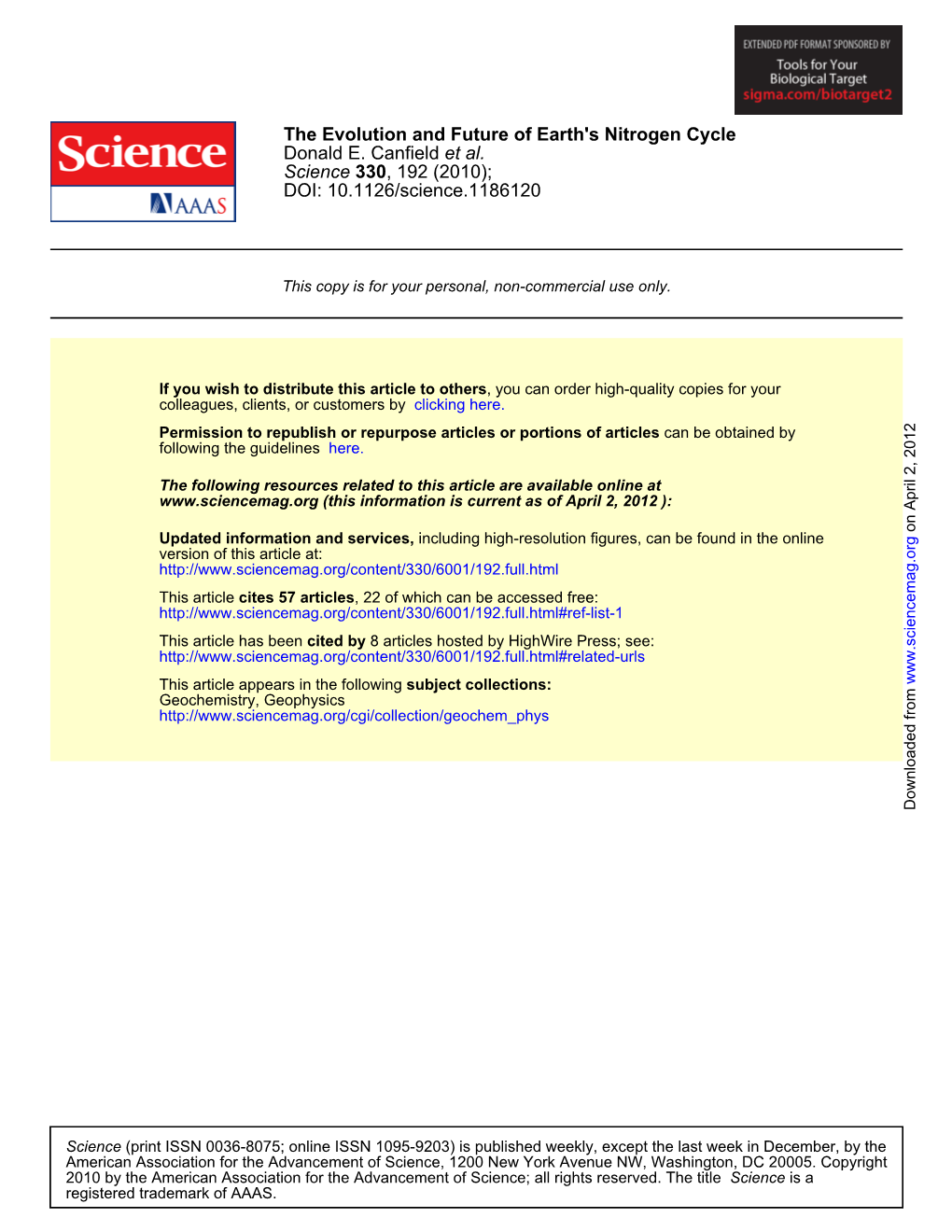 Canfield, Et Al., 2010 “The Evolution and Future of Earth's Nitrogen Cycle”