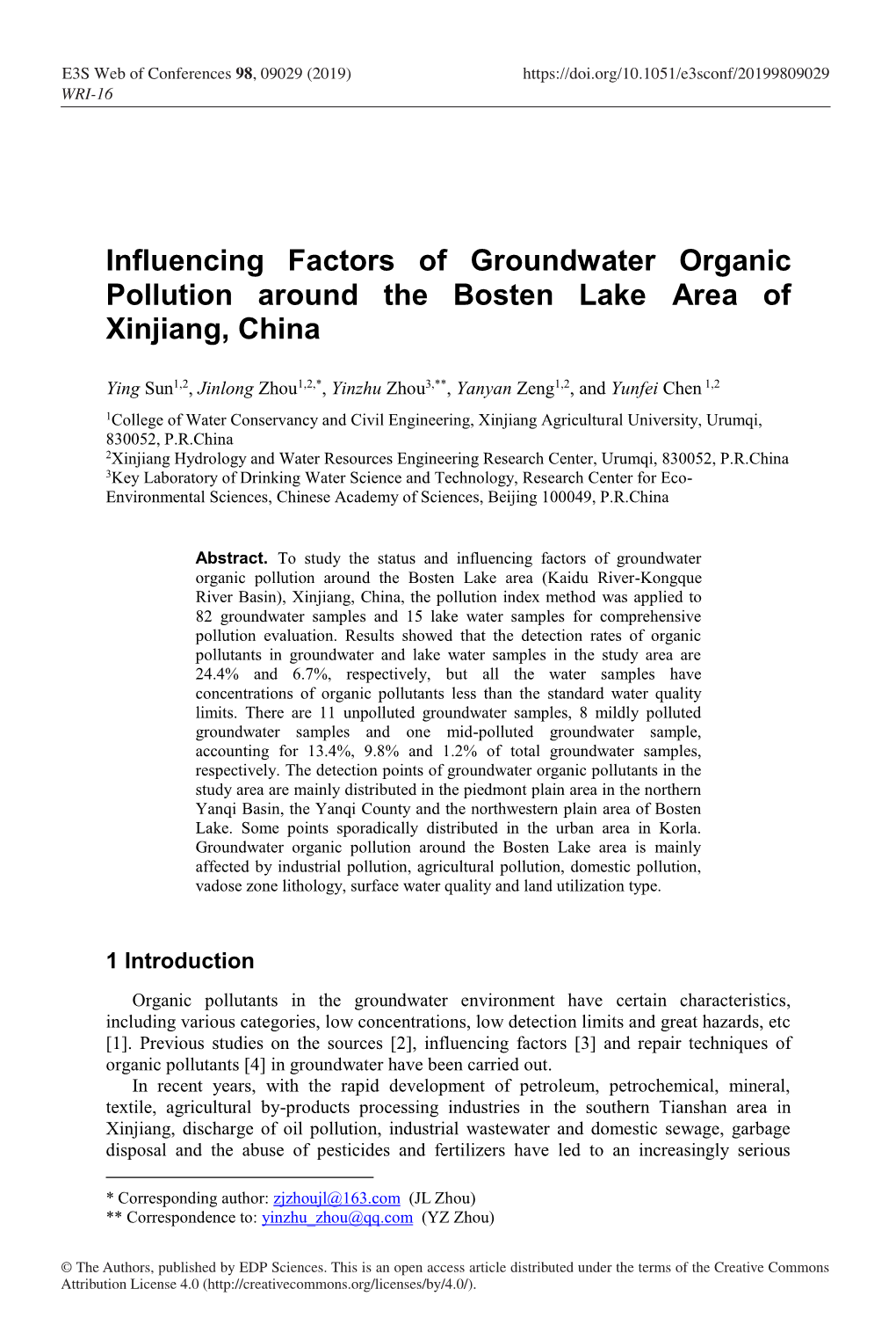 Influencing Factors of Groundwater Organic Pollution Around the Bosten Lake Area of Xinjiang, China