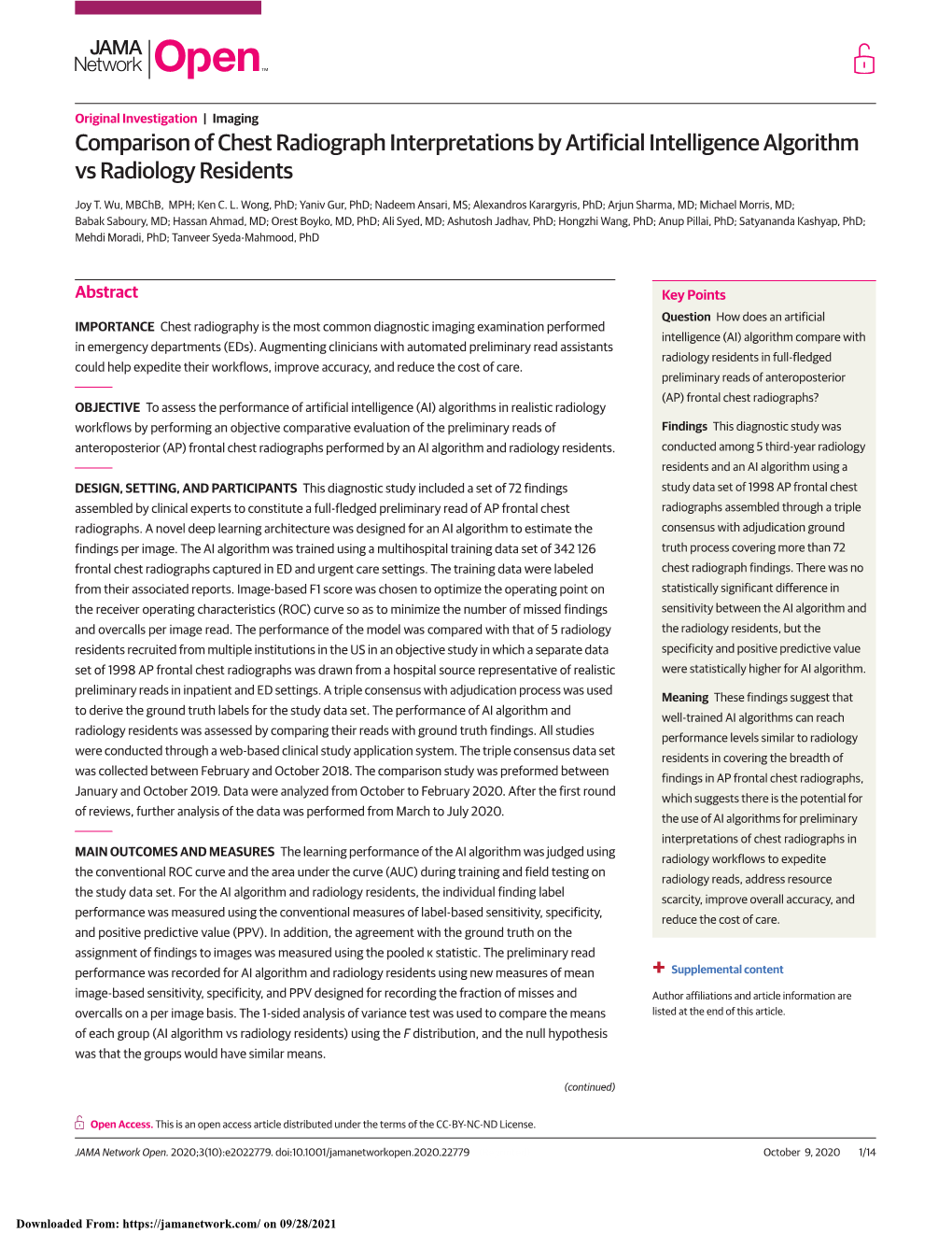 Comparison of Chest Radiograph Interpretations by Artificial Intelligence Algorithm Vs Radiology Residents