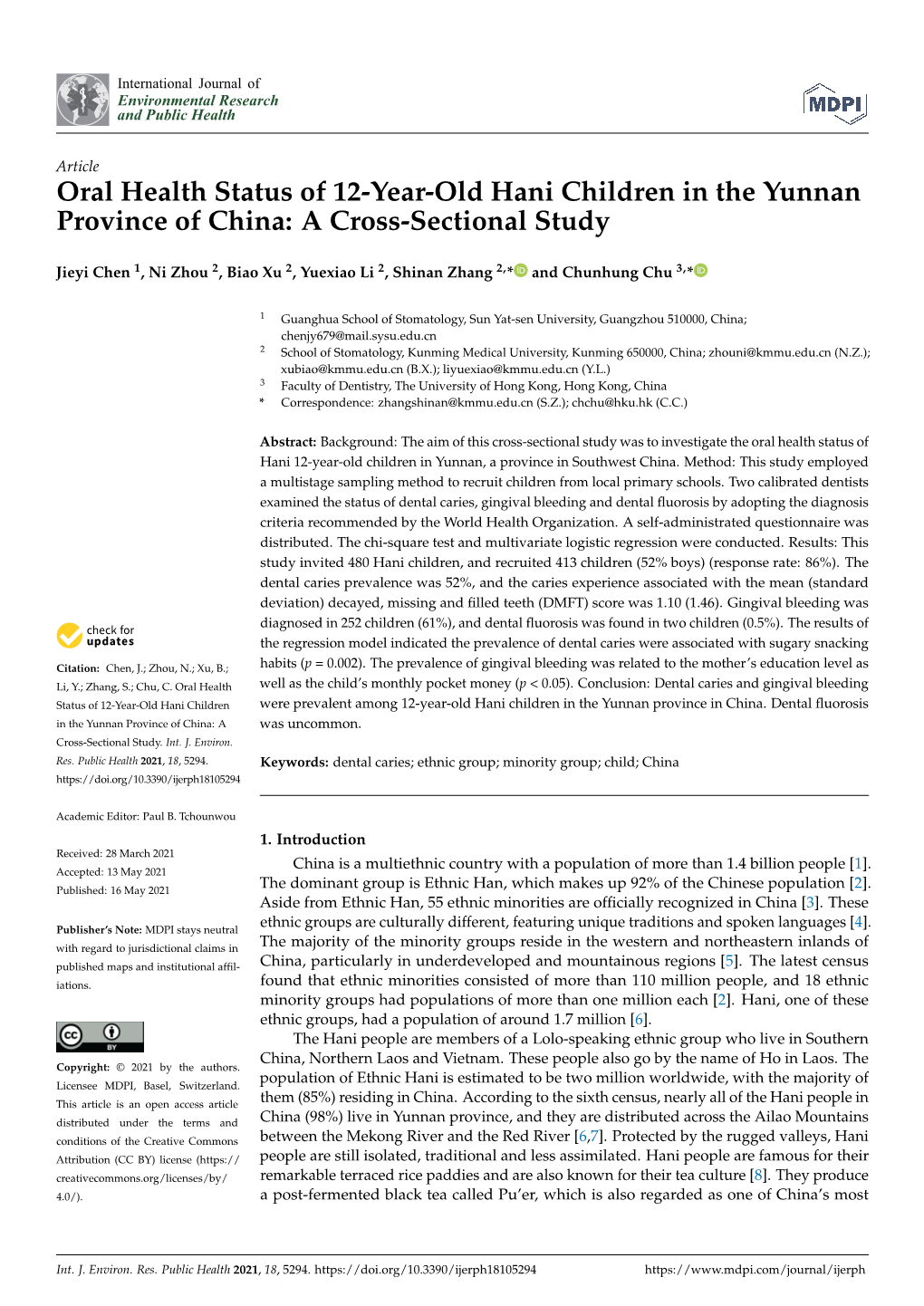 Oral Health Status of 12-Year-Old Hani Children in the Yunnan Province of China: a Cross-Sectional Study