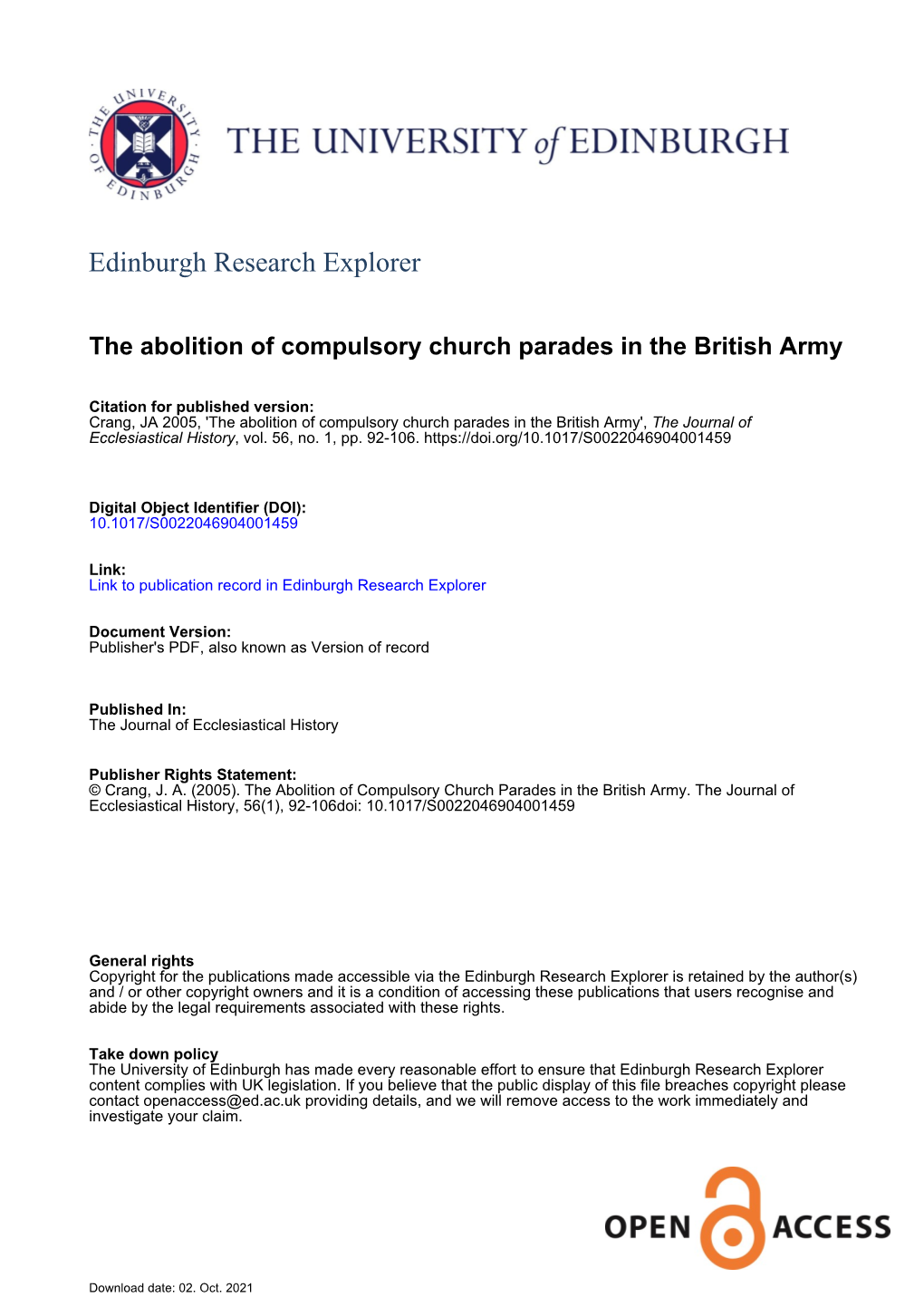 The Abolition of Compulsory Church Parades in the British Army