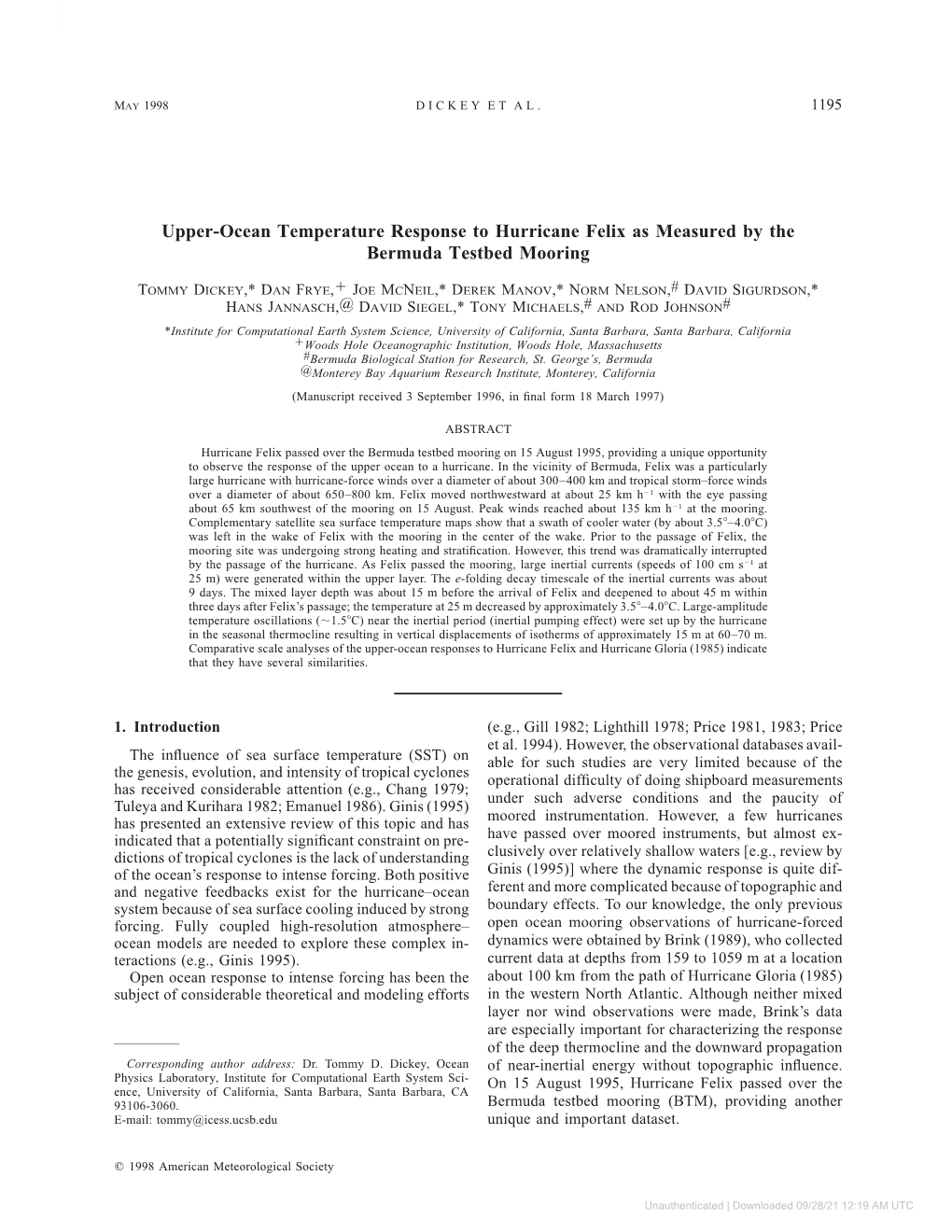 Upper-Ocean Temperature Response to Hurricane Felix As Measured by the Bermuda Testbed Mooring