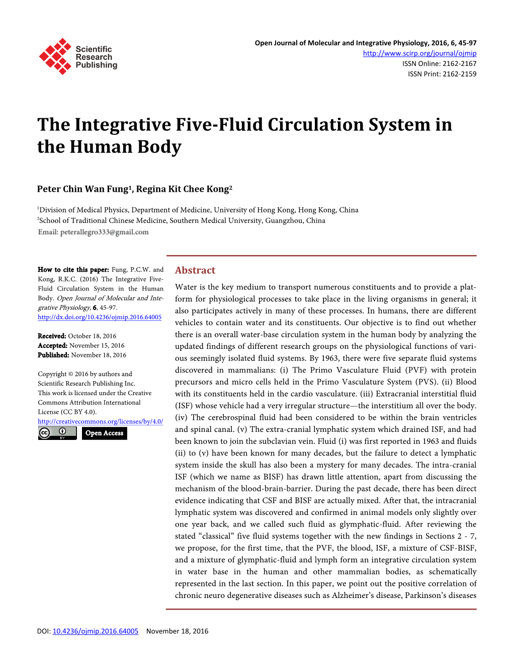 The Integrative Five-Fluid Circulation System in the Human Body