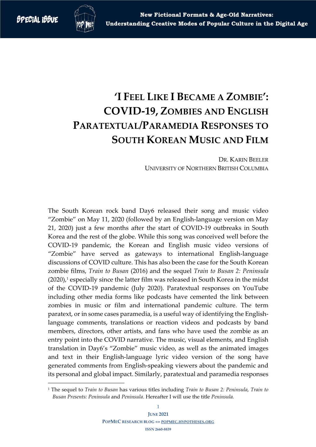 Covid-19, Zombies and English Paratextual/Paramedia Responses to South Korean Music and Film