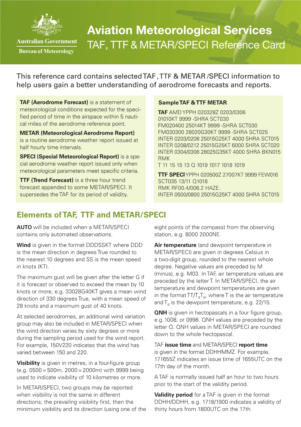 Aviation Meteorological Services TAF, TTF & METAR/SPECI Reference Card