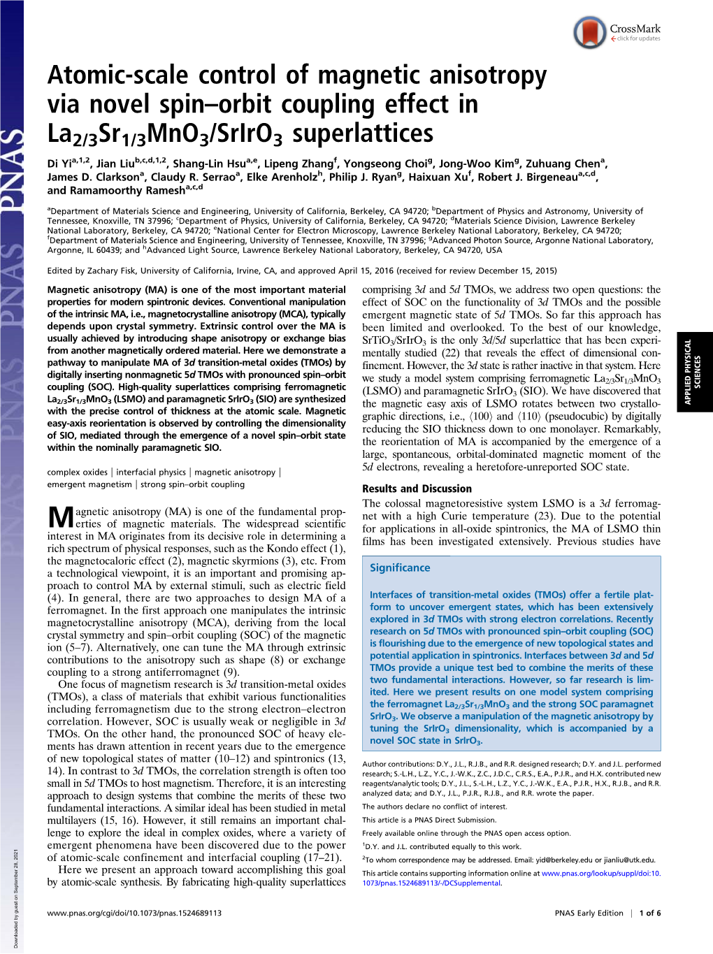 Atomic-Scale Control of Magnetic Anisotropy Via Novel Spin–Orbit Coupling Effect in La2/3Sr1/3Mno3/Sriro3 Superlattices