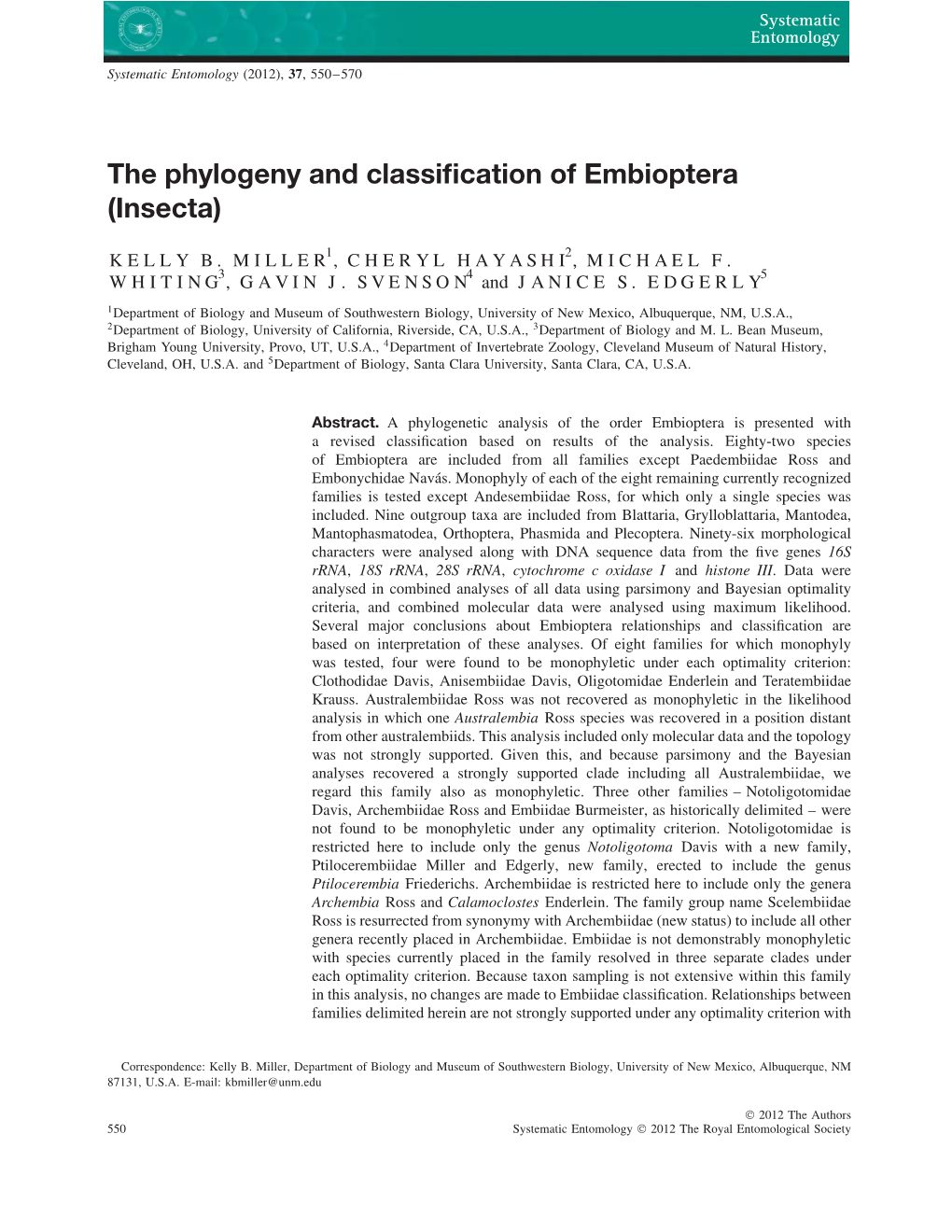 The Phylogeny and Classification of Embioptera (Insecta), Systematic Entomology