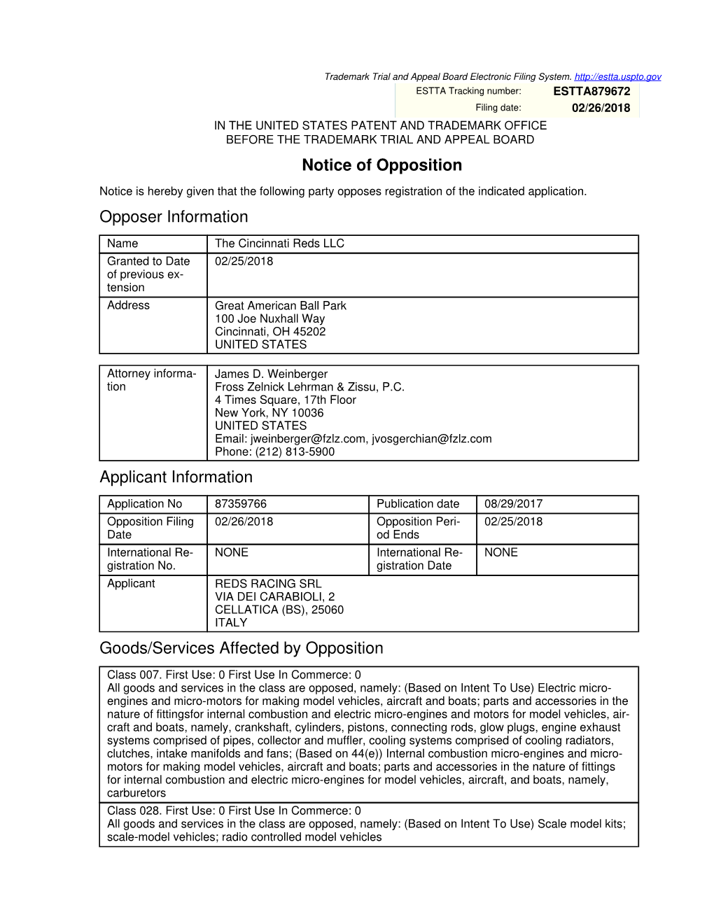 Notice of Opposition Opposer Information Applicant