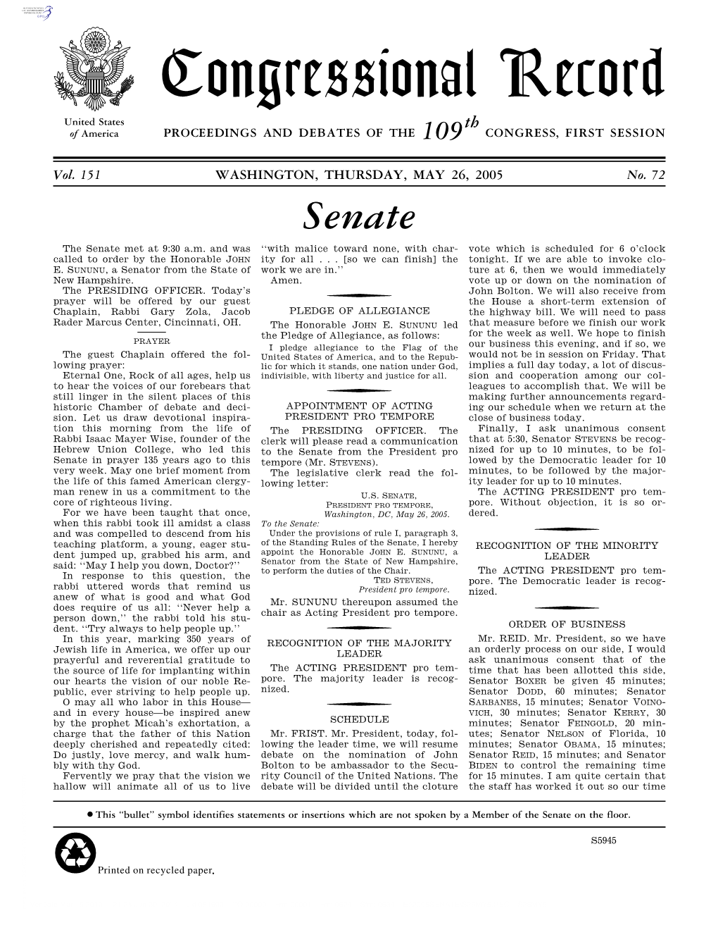 Congressional Record United States Th of America PROCEEDINGS and DEBATES of the 109 CONGRESS, FIRST SESSION