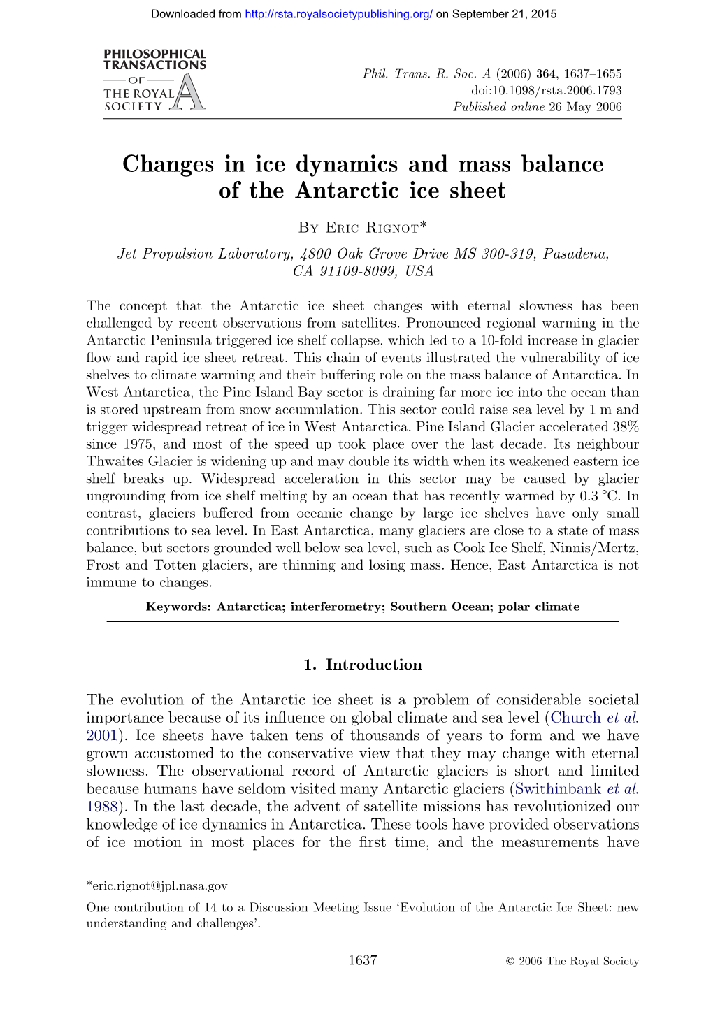 Changes in Ice Dynamics and Mass Balance of the Antarctic Ice Sheet