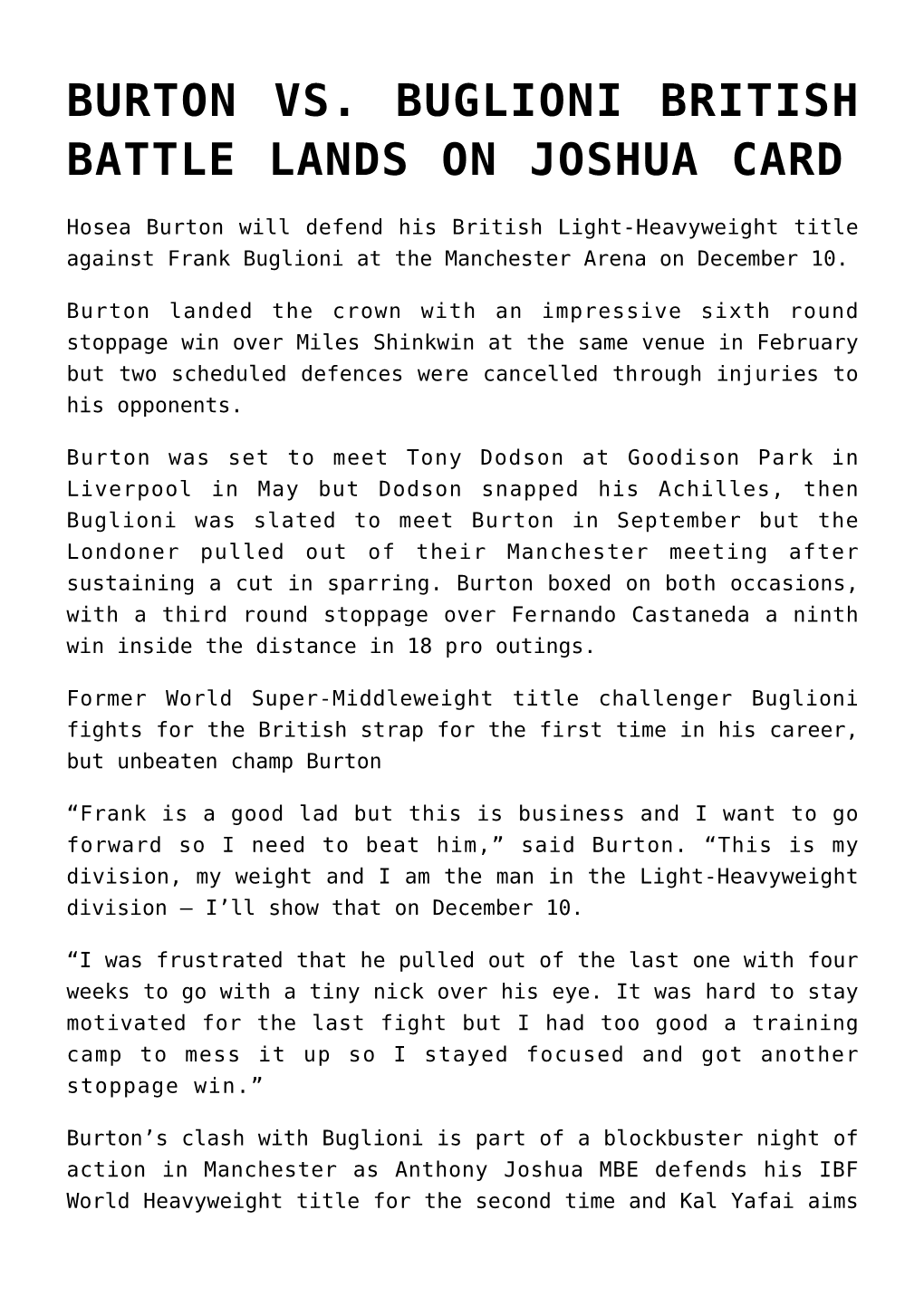 Burton Vs. Buglioni British Battle Lands on Joshua Card