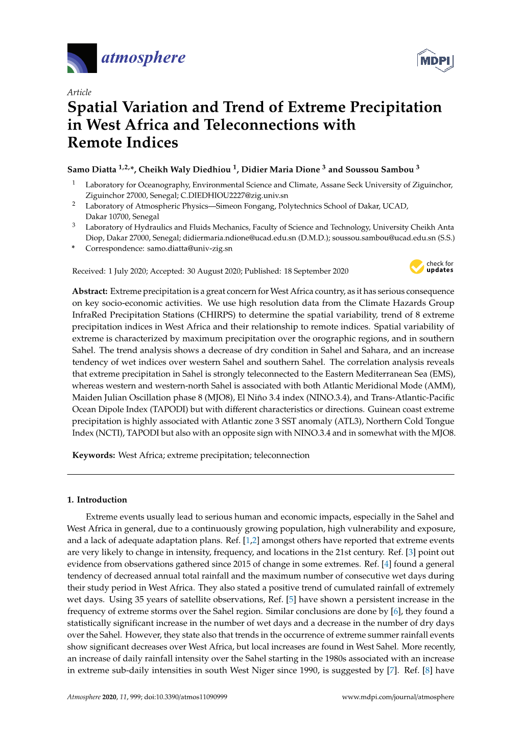 Spatial Variation and Trend of Extreme Precipitation in West Africa and Teleconnections with Remote Indices