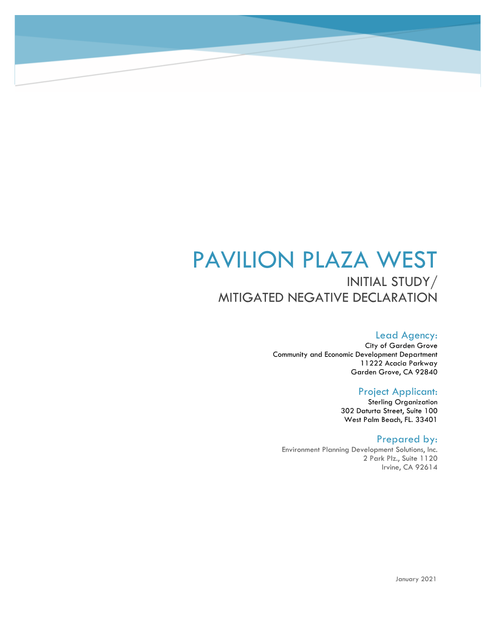Pavilion Plaza West Initial Study/ Mitigated Negative Declaration