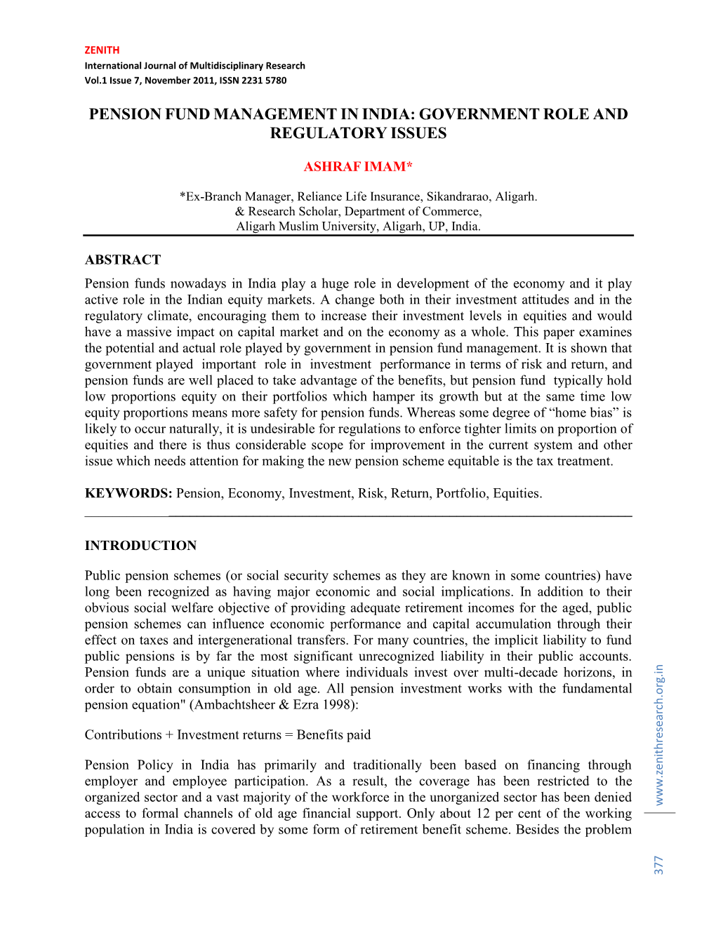 Pension Fund Management in India: Government Role and Regulatory Issues