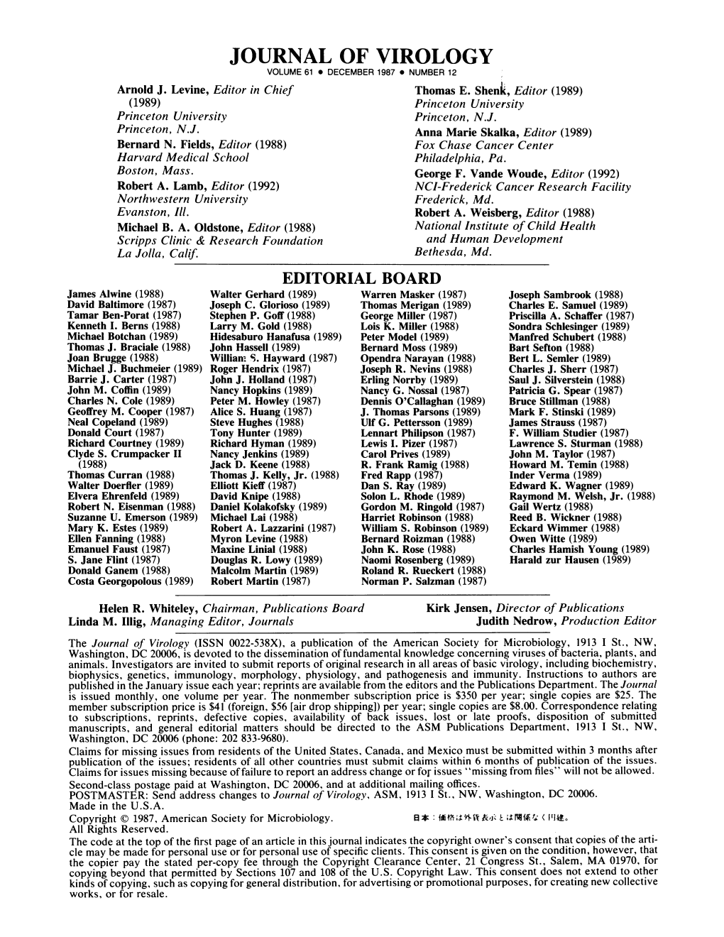 JOURNAL of VIROLOGY VOLUME 61 * DECEMBER 1987 * NUMBER 12 Arnold J