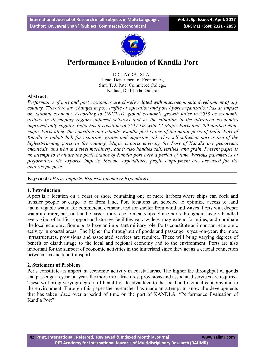 Performance Evaluation of Kandla Port