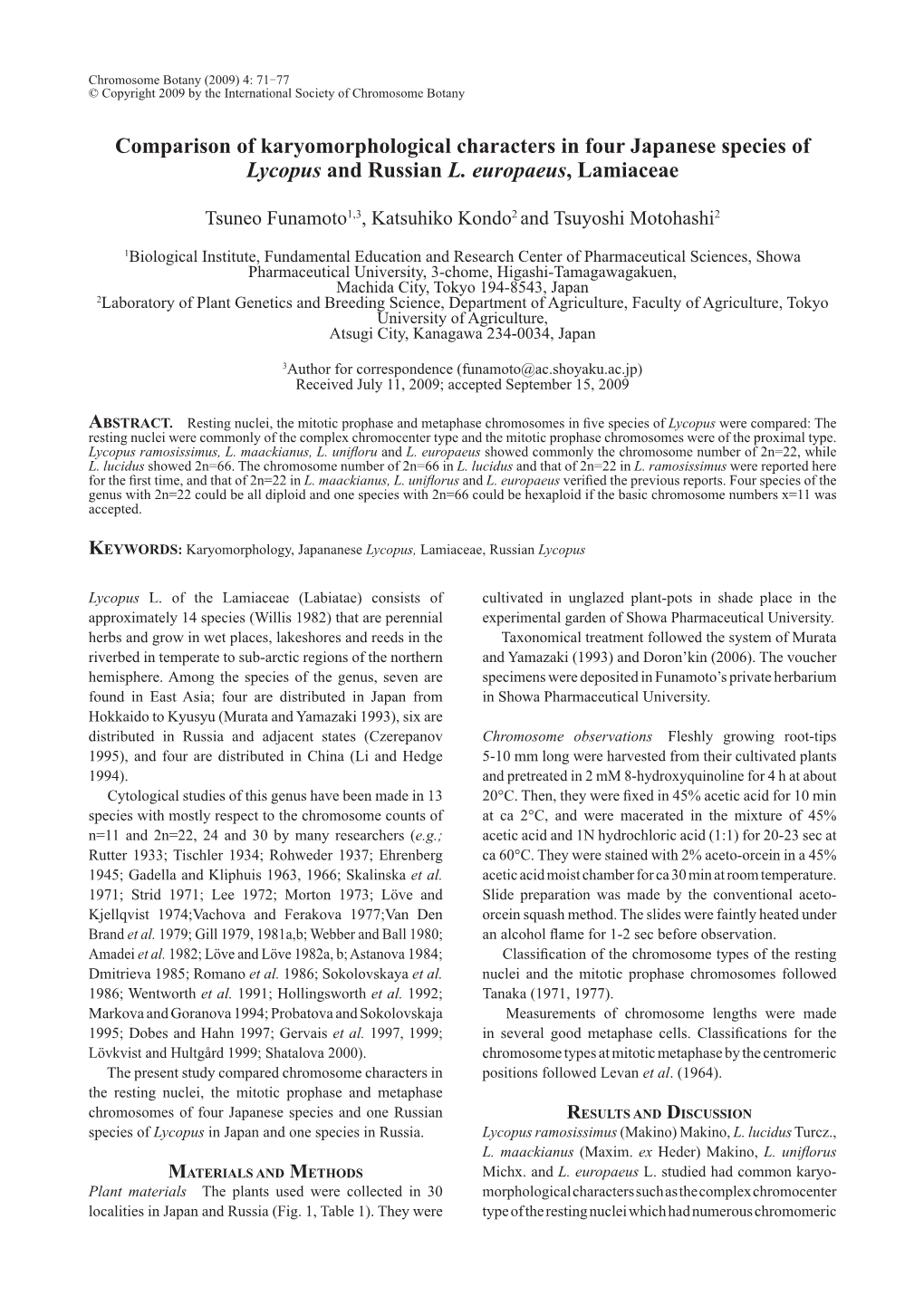 Comparison of Karyomorphological Characters in Four Japanese Species of Lycopus and Russian L