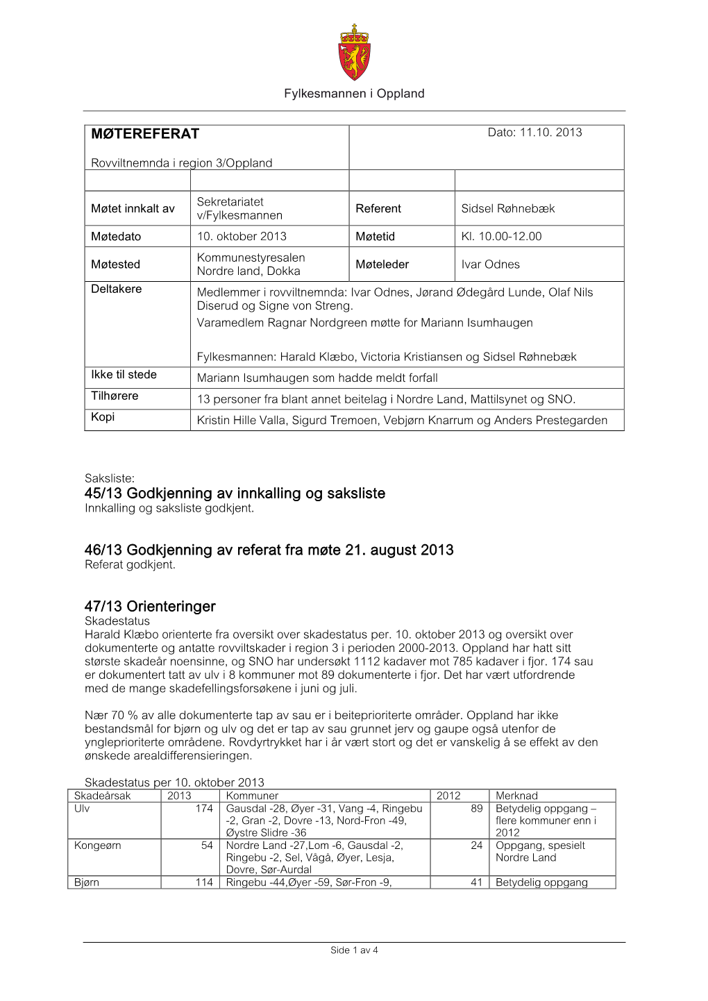 MØTEREFERAT 45/13 Godkjenning Av Innkalling Og Saksliste 46/13