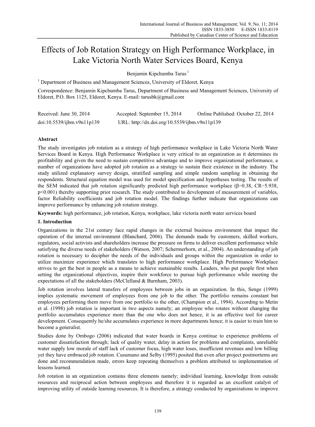 Effects of Job Rotation Strategy on High Performance Workplace, in Lake Victoria North Water Services Board, Kenya