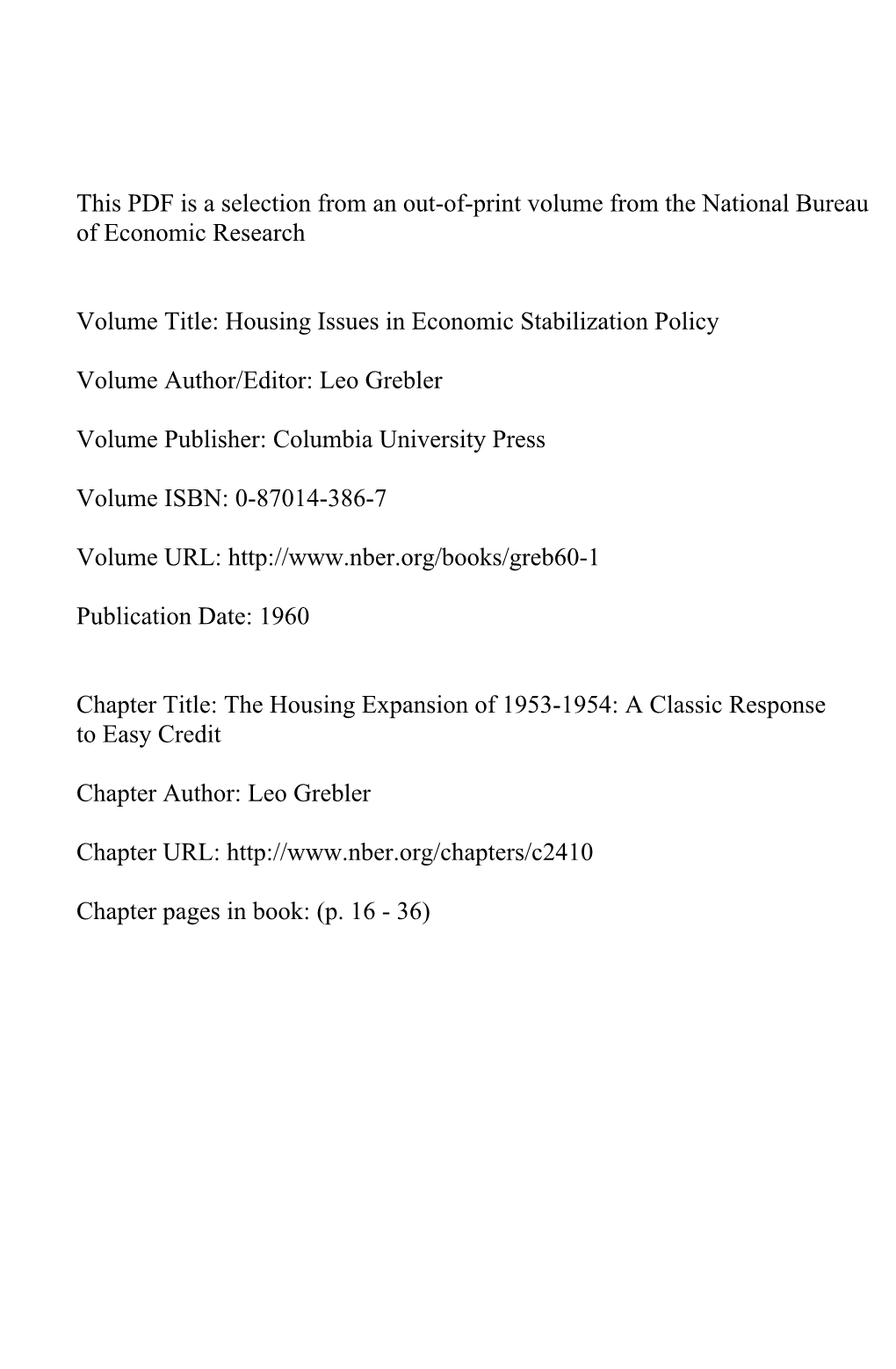 The Housing Expansion of 1953-1954: a Classic Response to Easy Credit