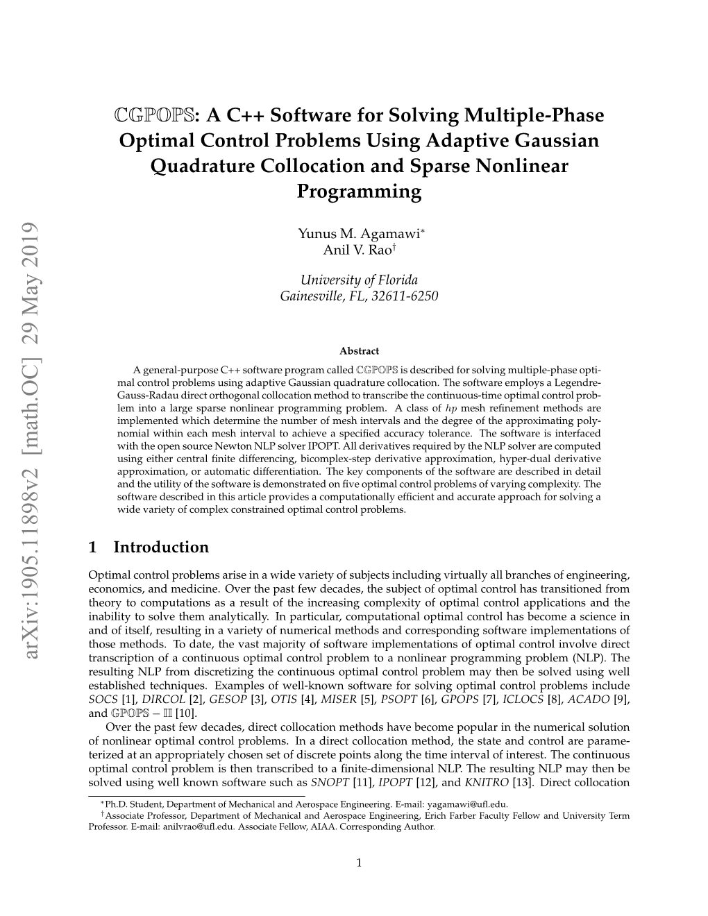 CGPOPS: a C++ Software for Solving Multiple-Phase Optimal Control Problems Using Adaptive Gaussian Quadrature Collocation and Sparse Nonlinear Programming