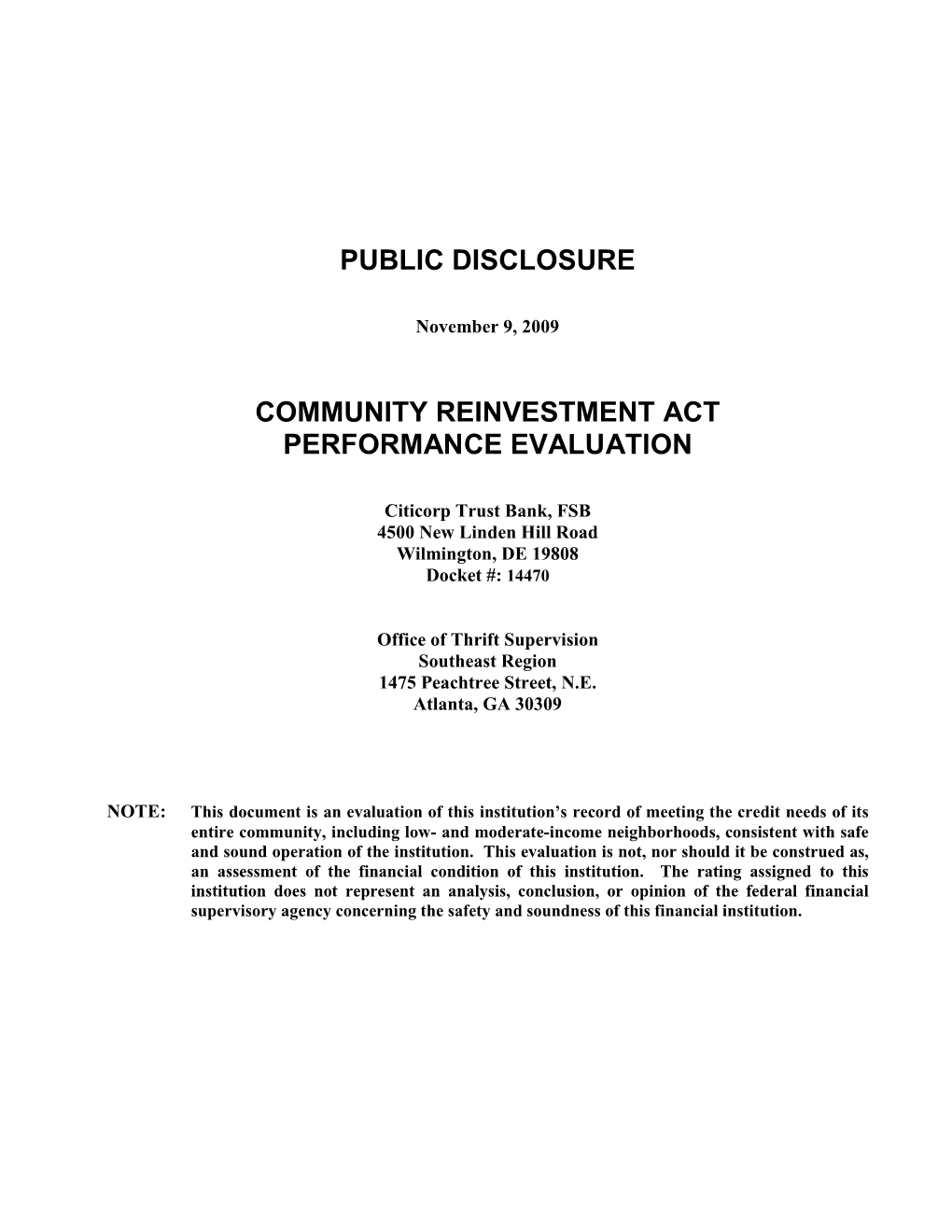 Public Disclosure Community Reinvestment Act