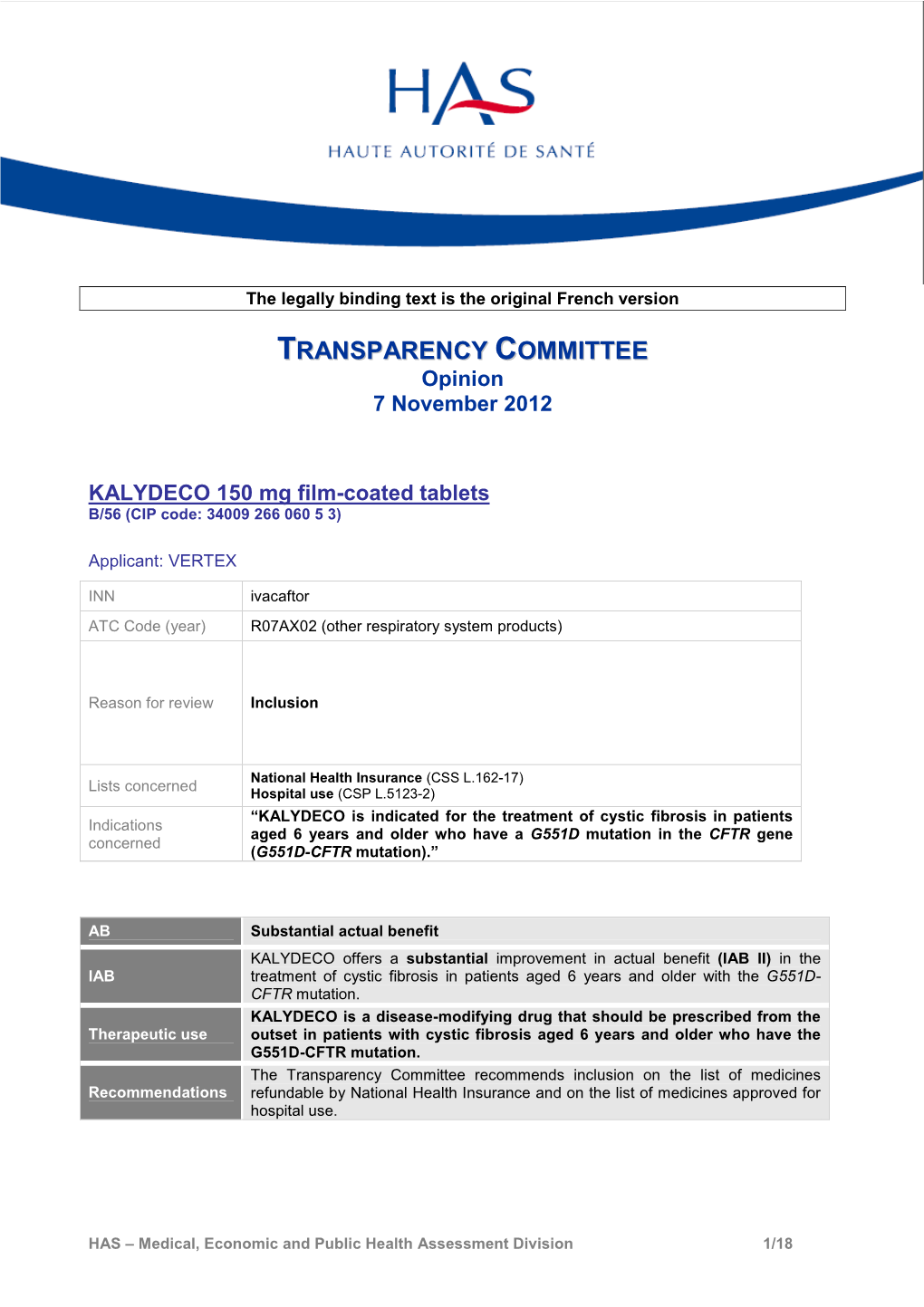 TRANSPARENCY COMMITTEE Opinion 7 November 2012