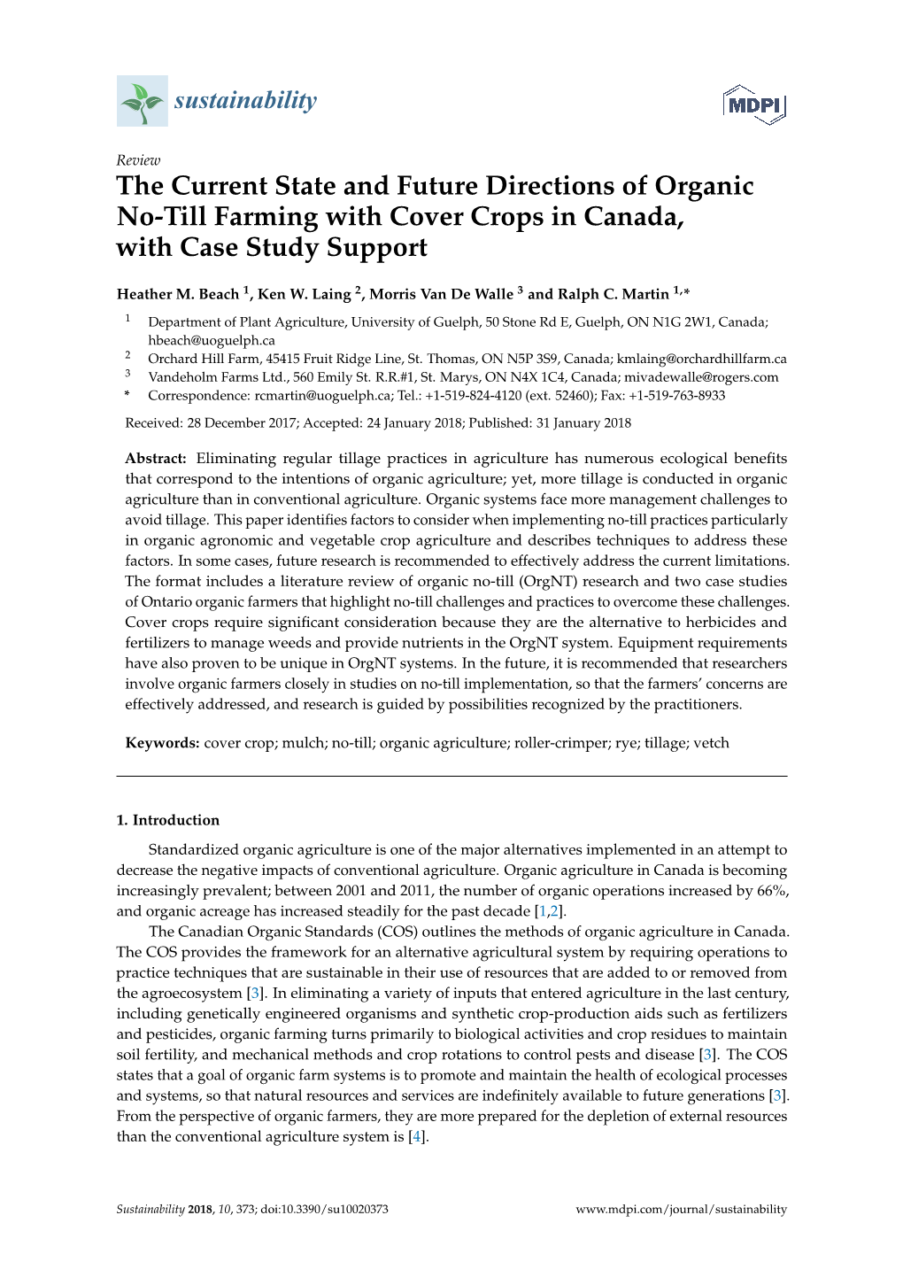The Current State and Future Directions of Organic No-Till Farming with Cover Crops in Canada, with Case Study Support