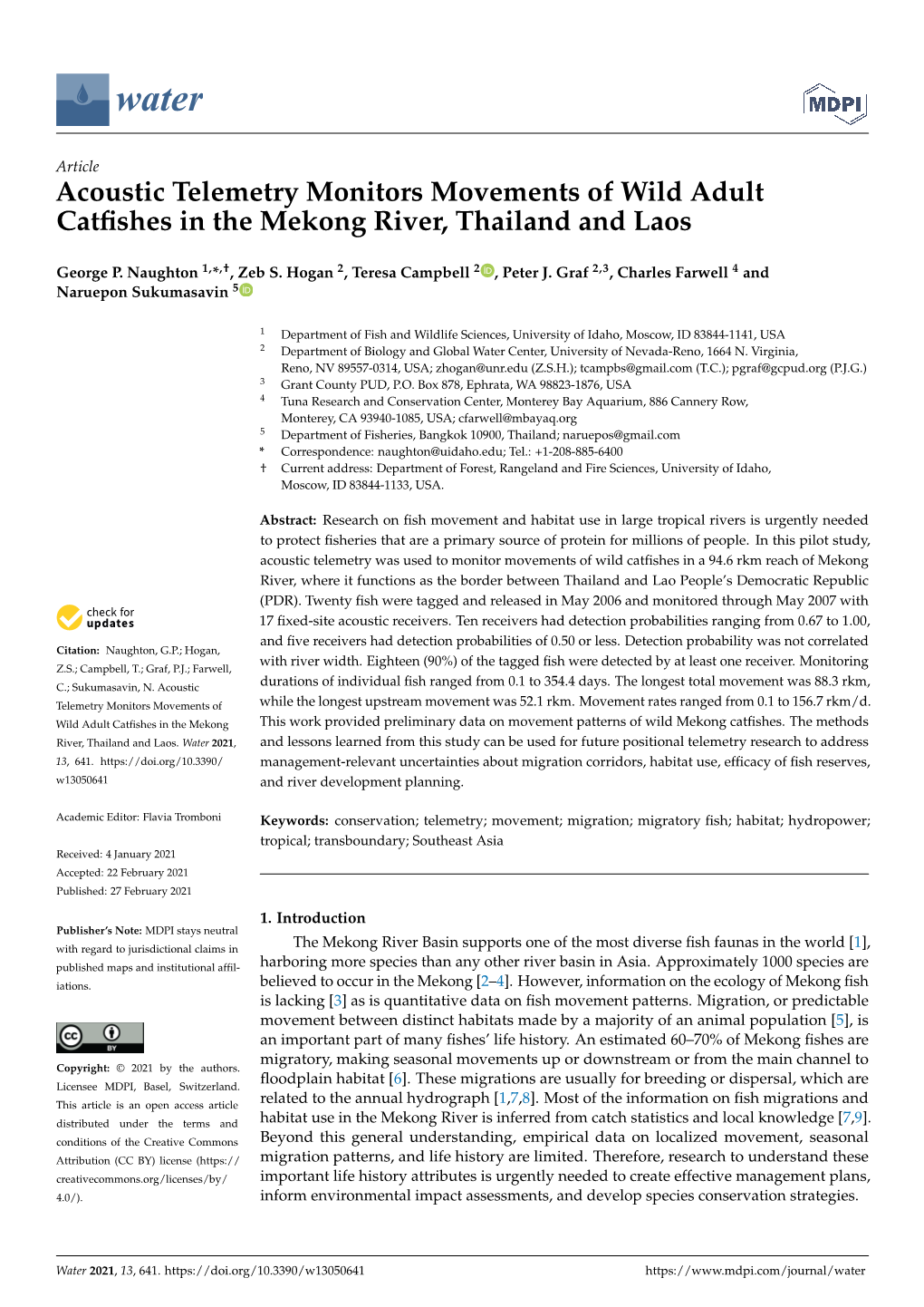 Acoustic Telemetry Monitors Movements of Wild Adult Catfishes