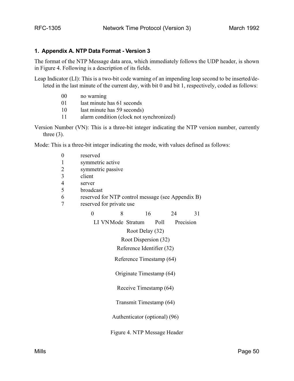 1. Appendix A. NTP Data Format - Version 3 the Format of the NTP Message Data Area, Which Immediately Follows the UDP Header, Is Shown in Figure 4