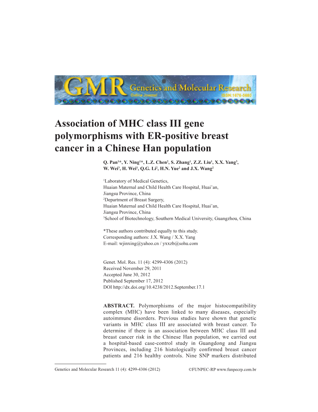 Association of MHC Class III Gene Polymorphisms with ER-Positive Breast Cancer in a Chinese Han Population