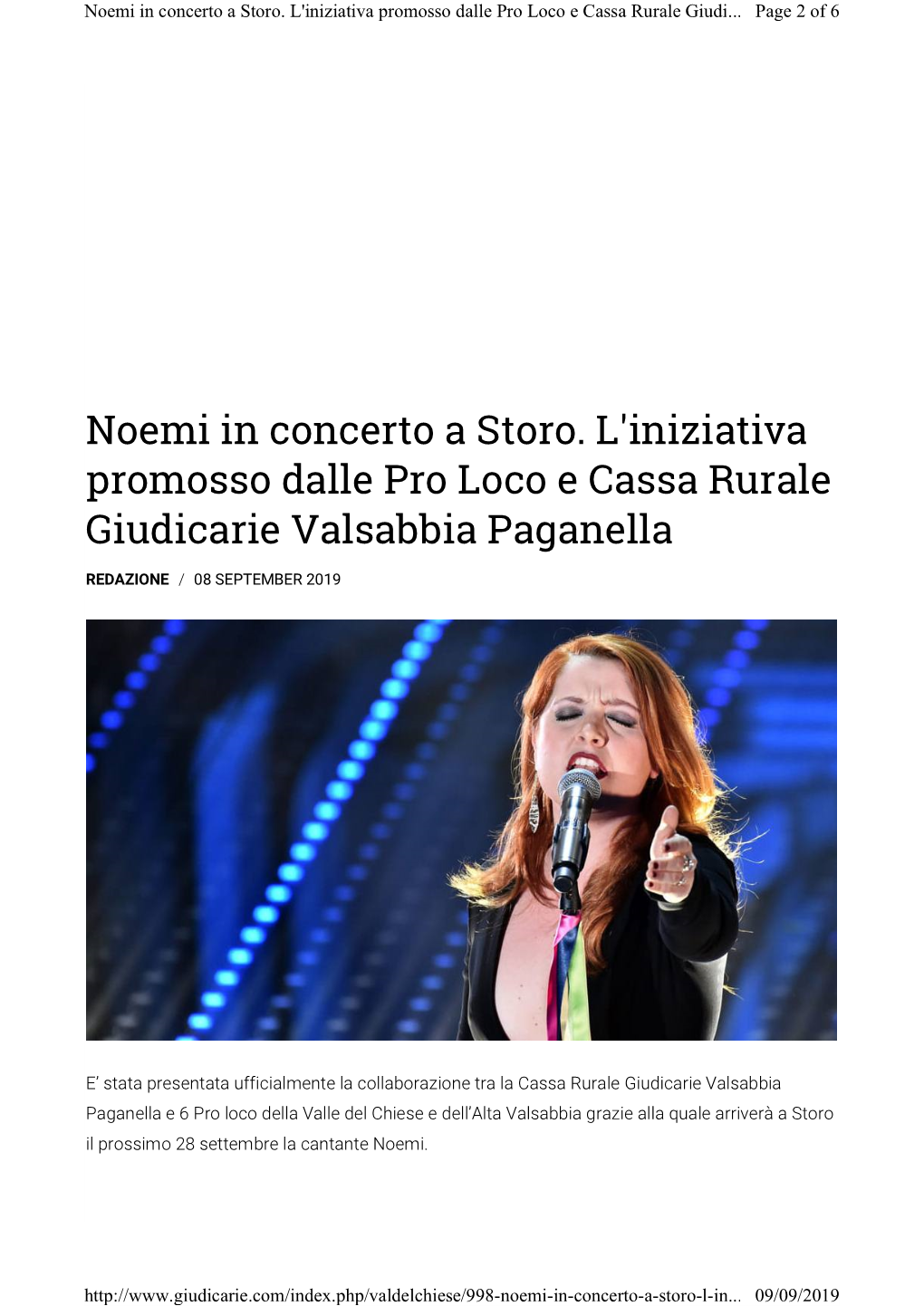 Noemi in Concerto a Storo. L'iniziativa Promosso Dalle Pro Loco E Cassa Rurale Giudi