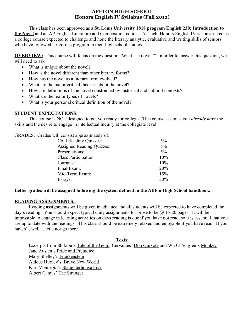 Honors English IV Syllabus (Fall 2012)