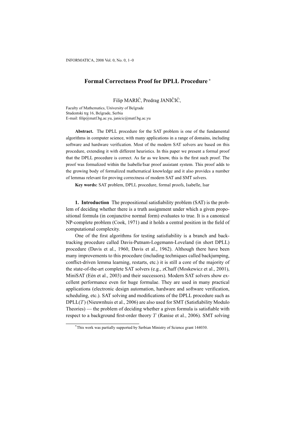 Formal Correctness Proof for DPLL Procedure∗