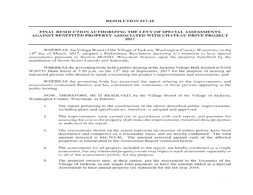 Resolution #17-18 Final Resolution Authorizing The