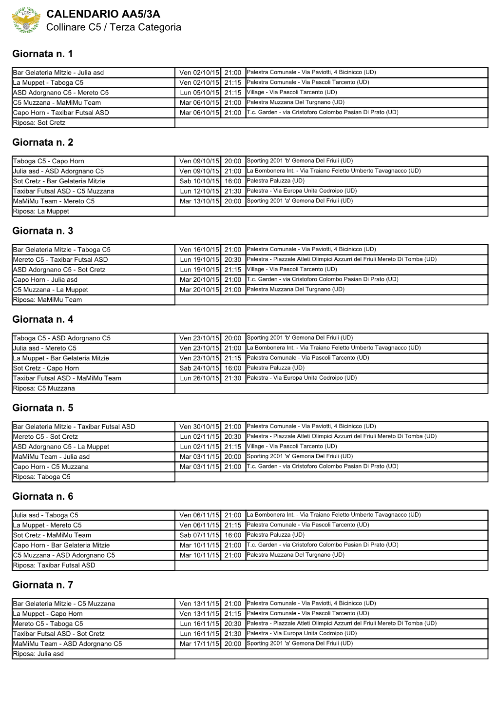 CALENDARIO AA5/3A Collinare C5 / Terza Categoria