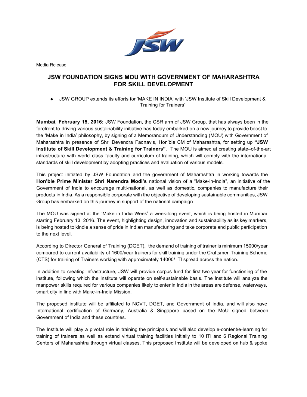 JSW Foundation Signs MOU with Government of Maharashtra for Skill Development