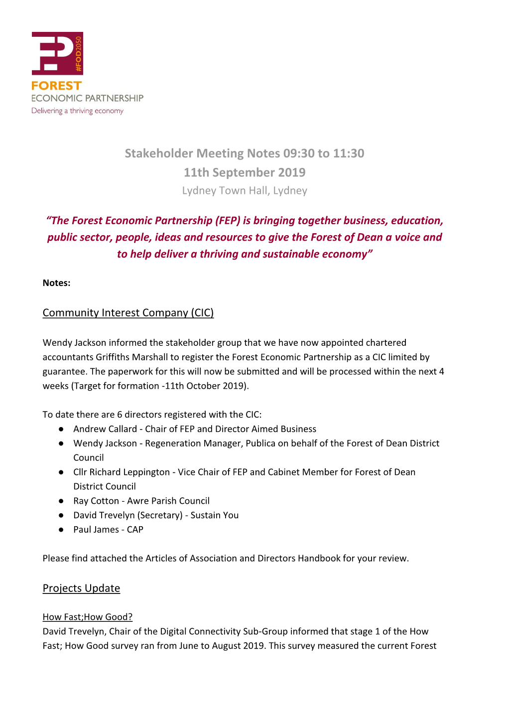 Stakeholder Meeting Notes 09:30 to 11:30 11Th September 2019 Lydney Town Hall, Lydney