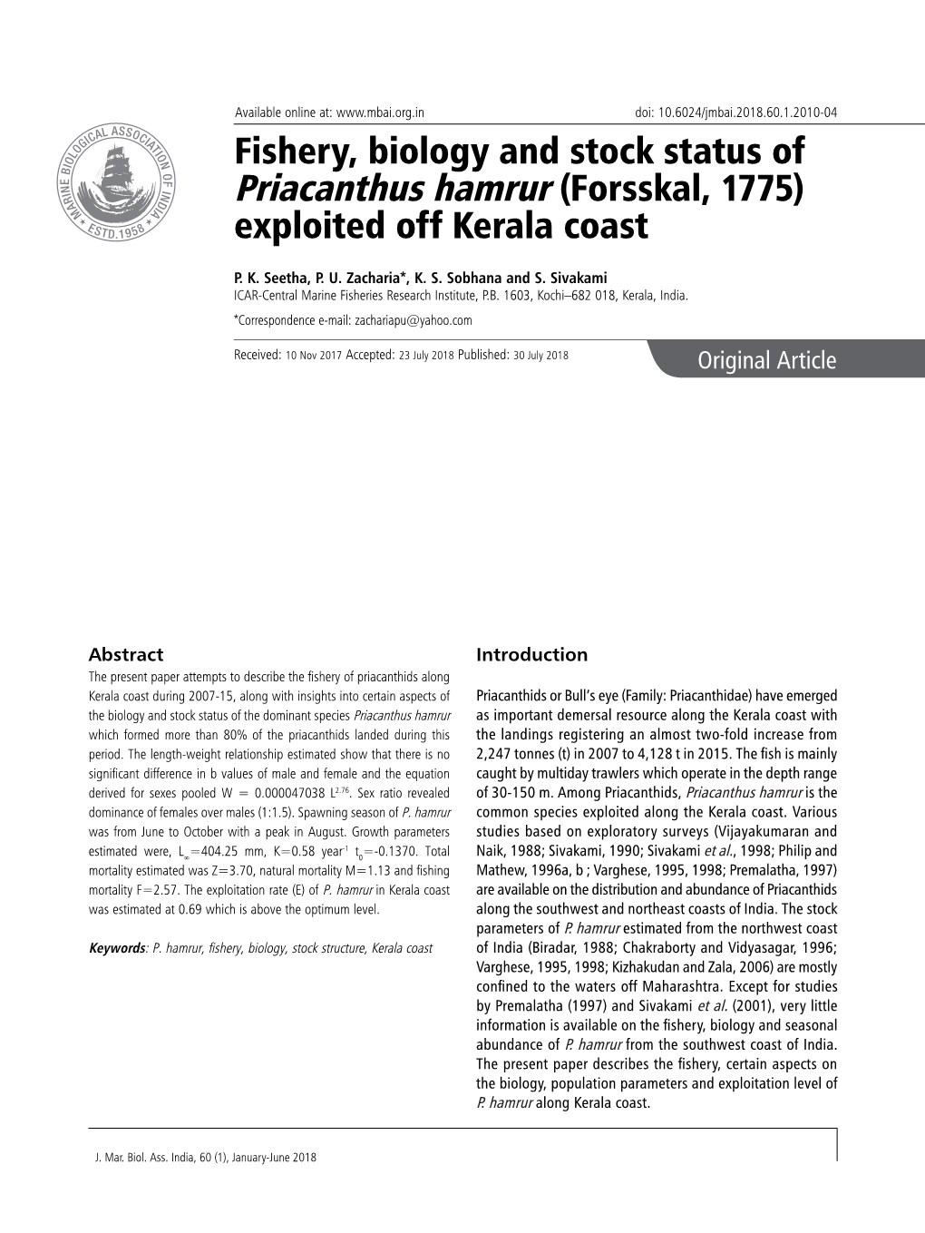 Priacanthus Hamrur (Forsskal, 1775) Exploited Off Kerala Coast