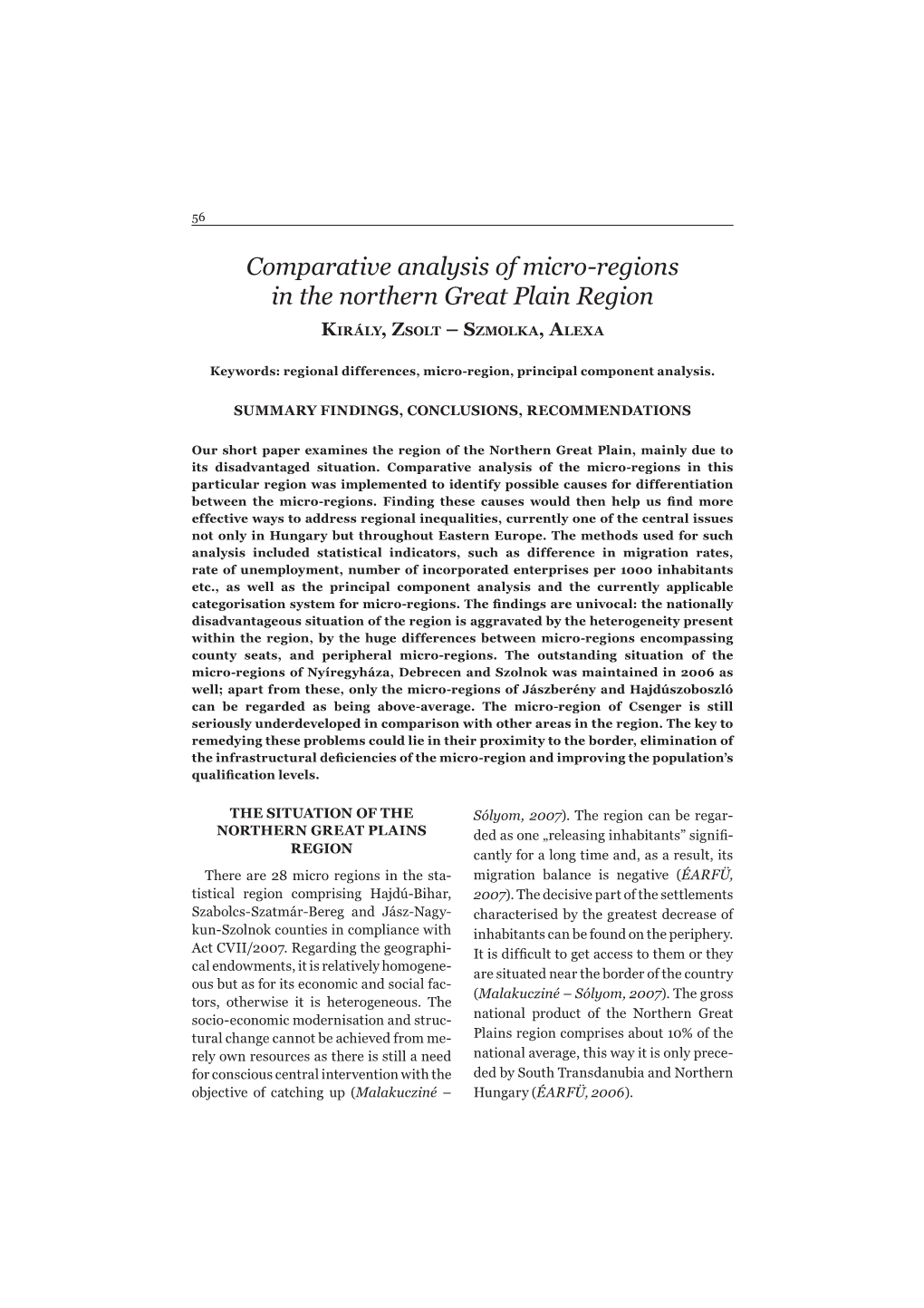 Comparative Analysis of Micro-Regions in the Northern Great Plain Region