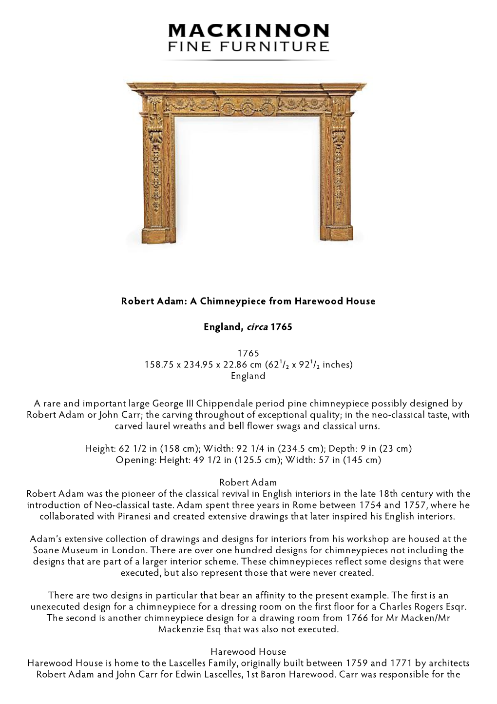 Robert Adam: a Chimneypiece from Harewood House England, Circa 1765