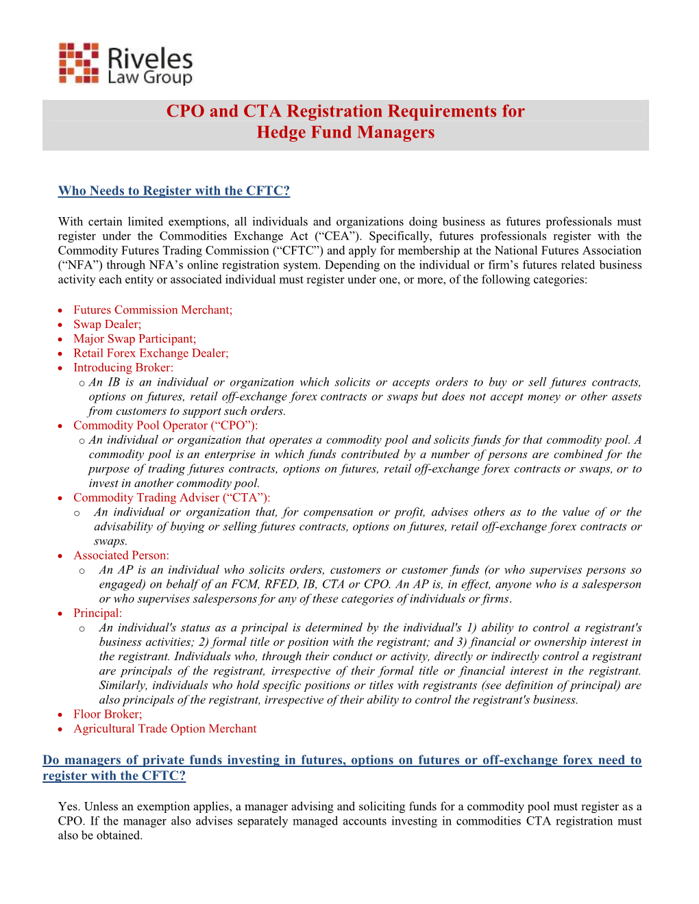 CPO and CTA Registration Requirements for Hedge Fund Managers